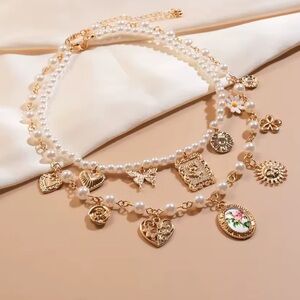 Women 2x Gold and Pearl Charm Necklace